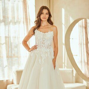 New Strapless Long Bridal Dress w/ Scoop Neckline & Sheer Boned Bodice AC 2141